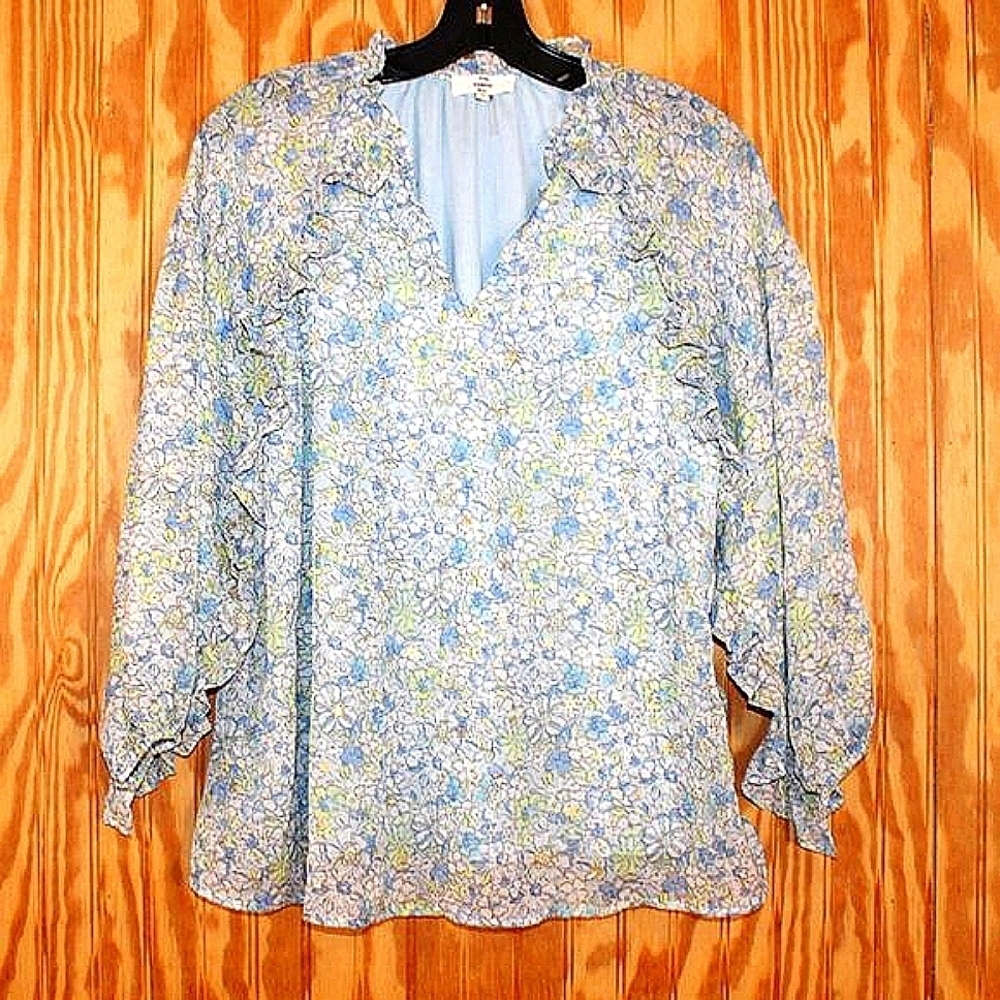 Entro Blue Floral Ruffle Blouse - Size S - Sheer
